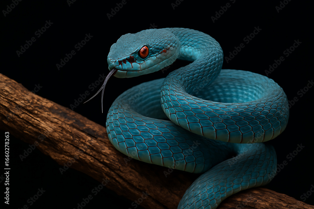 Obraz premium A stunning blue insularis viper snake with intense red eyes and a forked tongue coiled on a branch against a dark background