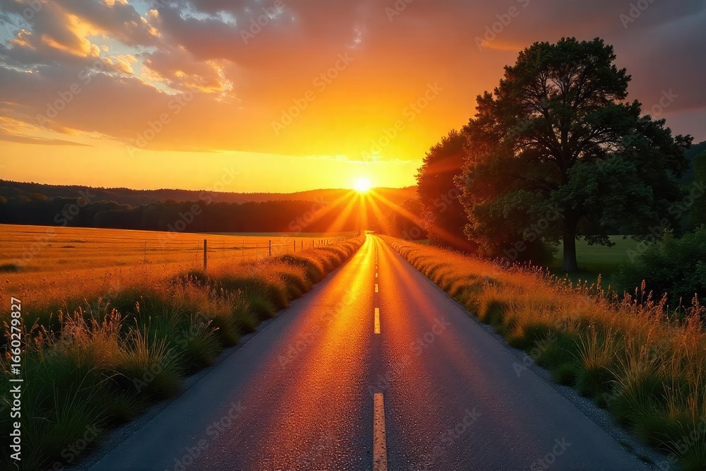 Obraz premium Golden rays illuminate a quiet country road at dawn, stretching towards a vibrant sunrise Serene landscape, perfect for travel, nature, and peaceful morning imagery , agriculture, farm, rays
