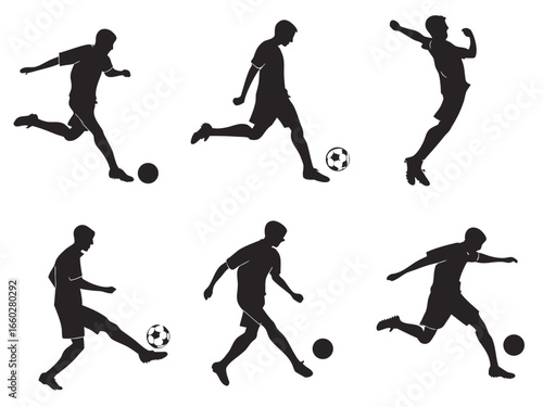 Silhouette of Soccer Players Kicking a Ball in Various Poses