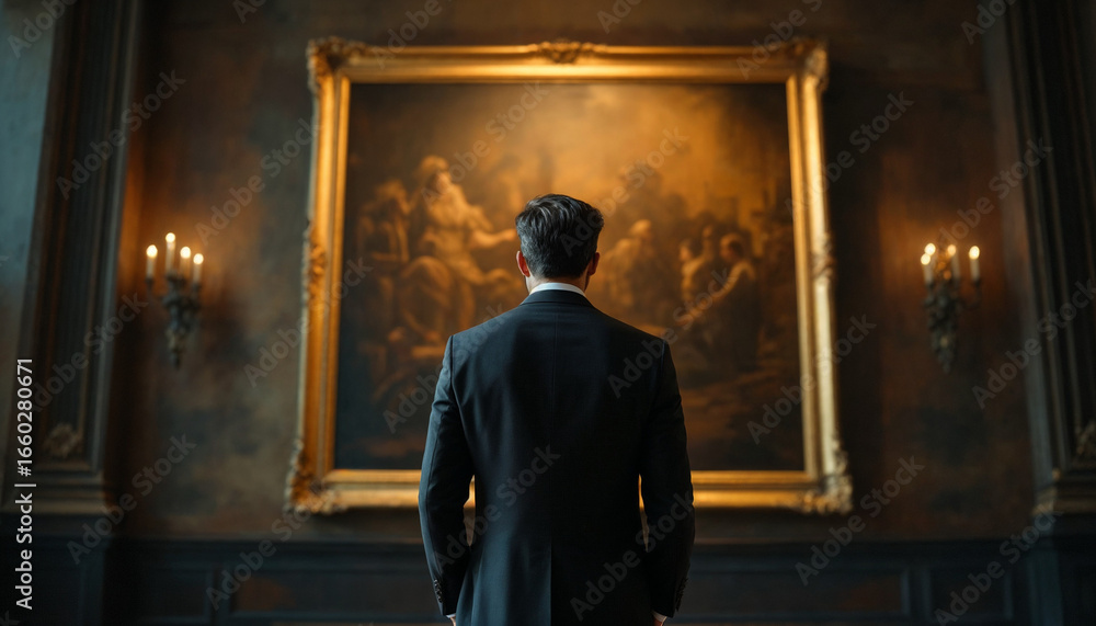 Obraz premium Rear-view of stylish tourist admiring a painting in a historic, elegant museum. 