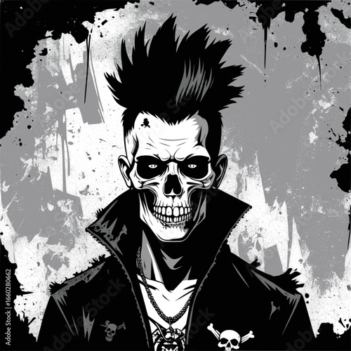 Edgy punk skull illustration in black and white with rockabilly hairstyle, perfect for t-shirt design, tattoo art, album cover, streetwear branding, and gothic poster graphics