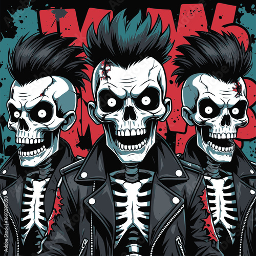 Colorful punk skull illustration with leather jacket and mohawk hairstyle, perfect for t-shirt design, tattoo art, streetwear branding, album cover, and edgy poster graphics