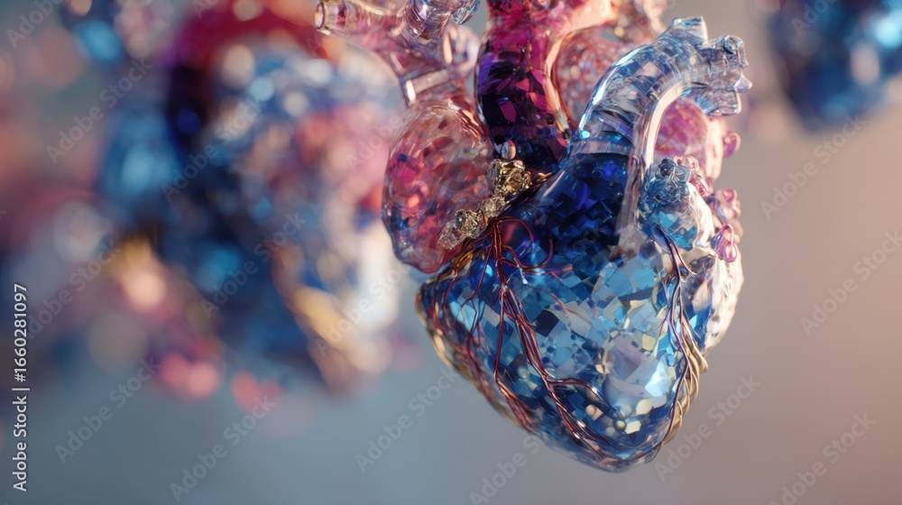 Fototapeta premium Medical animation showing a glass heart pumping, revealing its complex network of arteries and valves in a detailed and visually engaging way