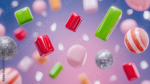 Floating Assortment of Colorful Candies on Pink and Purple Background