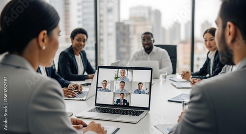 Diverse Business Professionals Collaborating in a Modern Office Setting During a Hybrid Video Conference Meeting