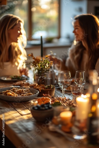 Friends enjoying festive dinner together around candlelit table