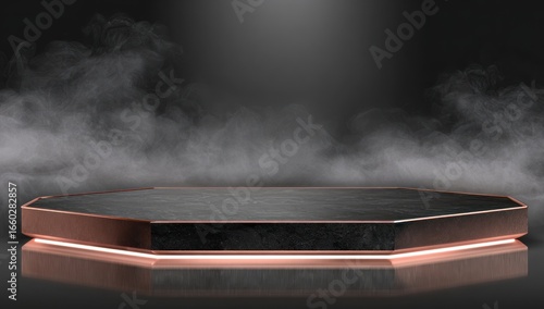 Octagonal, dark stone platform with rose gold trim.