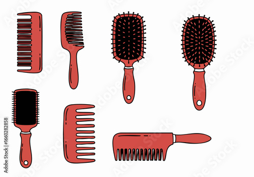 Hair Care Tools Collection: Red and Black Combs and Brushes Vector Illustration Set on White Background