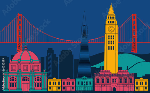 Stylized pop art illustration of san francisco landmark