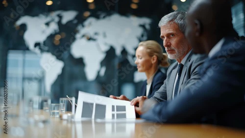 Professional Business Meeting in Modern Conference Room with World Map on Wall
