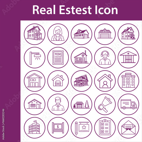 Real Estate Icon Set Houses Buildings and Related Services in Purple