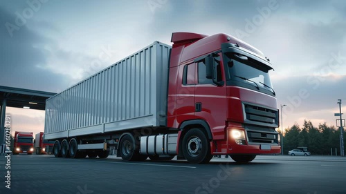 Trucks at a Border Crossing During Sunset with Soft Lighting and Clear Sky