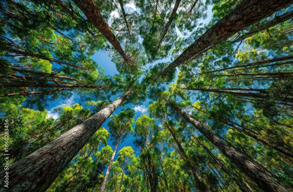 Naklejka premium Looking up through a canopy of tall trees, with a view of blue sky and scattered clouds