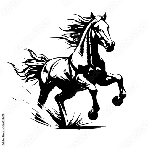 Majestic black horse galloping energetically across an open field at sunset