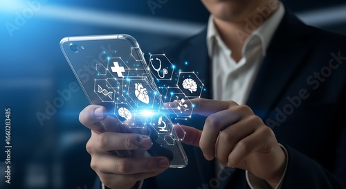 Businessman interacting with a smartphone and digital medical icons floating in the air