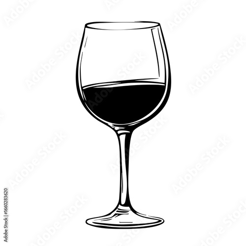 A sophisticated wine glass features an elegant silhouette filled with deep wine