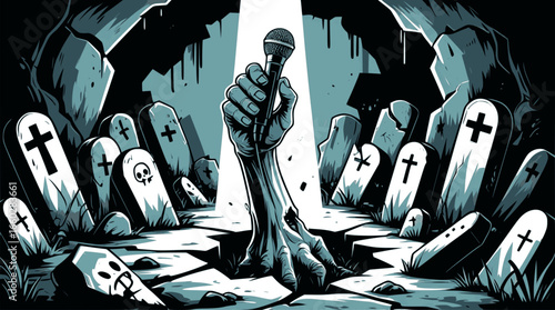 Zombie hand rising from the grave holding a retro microphone, dark cartoon horror illustration perfect for punk rock concert poster, Halloween party flyer, metal band album cover, stand-up comedy 