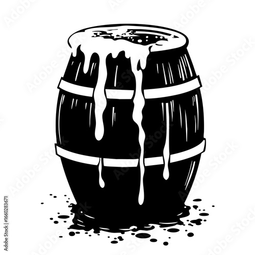Wooden barrel overflowing with liquid, depicting rustic craftsmanship and brewing heritage in a tavern setting