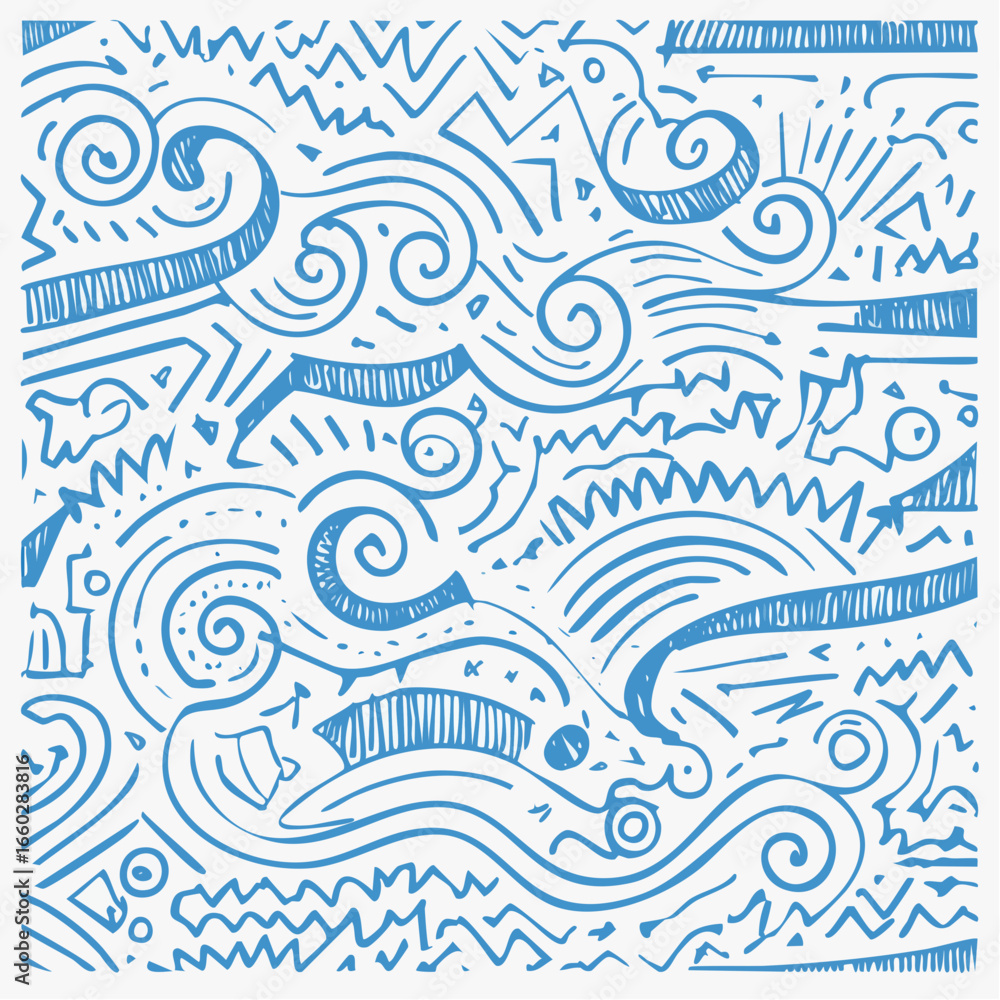 Fototapeta premium Blue squiggle doodle lines seamless banner design. Primitive geometric forms, brush strokes.