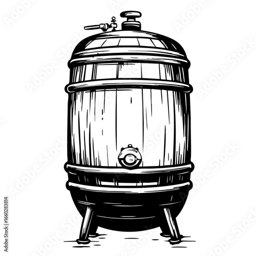 Black vector illustration of a vintage wooden barrel with a tap and metal fittings, depicting a traditional brewing setup for fermentation