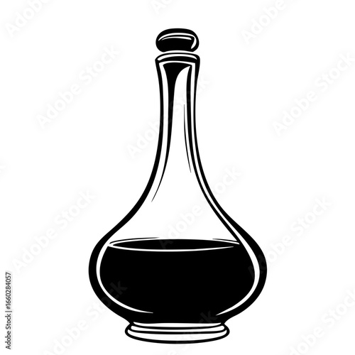 Elegant black vector illustration of a glass decanter filled with dark liquid, perfect for kitchen and bar design