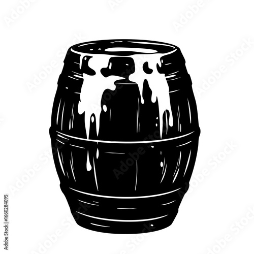 Beer barrel with dripping froth crafted in black vector style showing intricate details and classic design elements