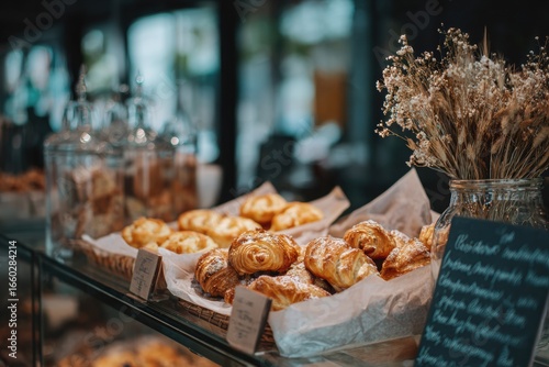 pastry assortment with croissants and muffins in cafe showcase concept of authentic baking artisanal food and morning coffee shop ambience