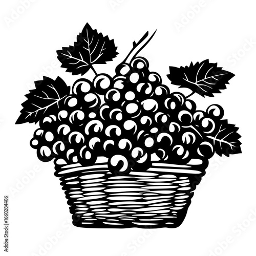 Grapes in a woven basket with leaves showcasing a harvest collection representing abundance and nature's bounty
