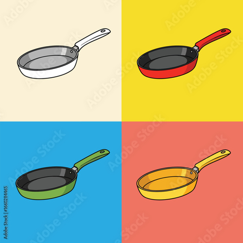 Colorful frying pans displayed on a vibrant multicolored grid, showcasing kitchenware in a playful and modern style, perfect for culinary themes.