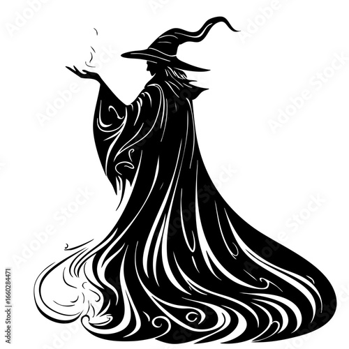 Elegant black vector illustration of a wizard casting a spell with flowing robes and a pointed hat