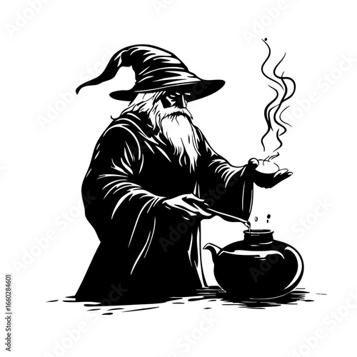 Mystical wizard concocting potion with teapot and magical smoke rising in a dark setting