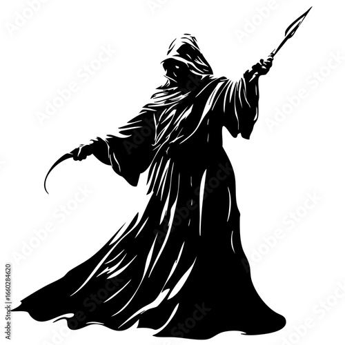 Dark cloaked figure wielding a spear and scythe in a dramatic pose representing a powerful spectral presence