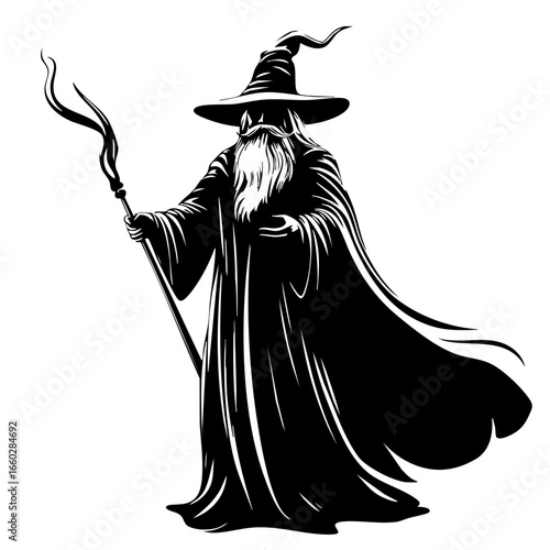 Mysterious wizard character wielding staff with flowing robes and distinctive hat