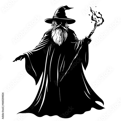 Mysterious wizard casting spells with a staff and wearing a pointed hat and cloak