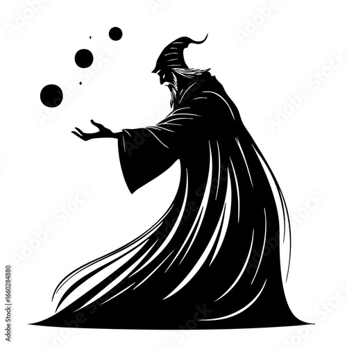 Elegant black vector illustration of a wizard conjuring magical orbs in a mystical setting