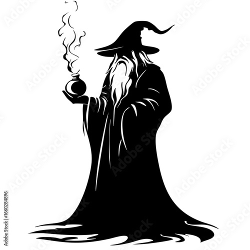 Silhouette of an old wizard holding a potion with flowing robes and a tall hat, evoking magic and mystery in a fantasy setting