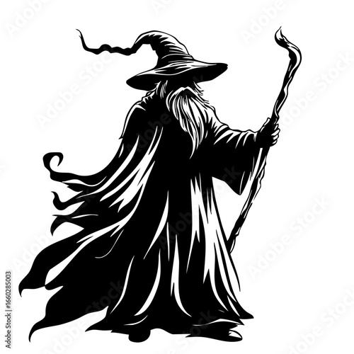 Mysterious wizard with flowing robes and staff displaying magical aura in a mystical setting during twilight hours