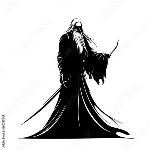 Mysterious figure with flowing robes and a long beard holding a staff, embodying wisdom and power in a mystical setting