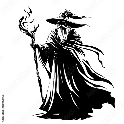 Mystical black vector wizard holding a staff and casting a spell