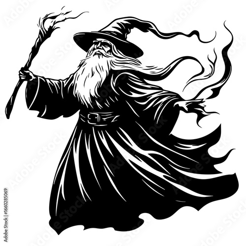 Wizard casting spells with magical staff and flowing robes in dynamic pose