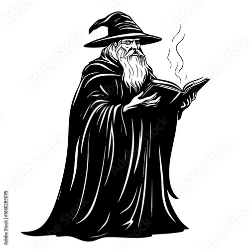 Wizard reading a spellbook while wearing a pointed hat and long cloak in a mystical, enchanting setting