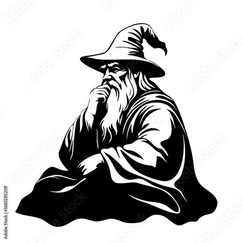 Wise old wizard deep in thought while seated on a rock with flowing robes and a pointed hat