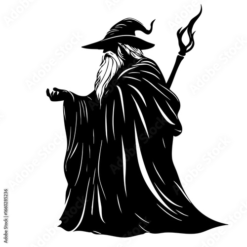 Mystical wizard figure casting spells with a staff and flowing robes in a fantasy setting