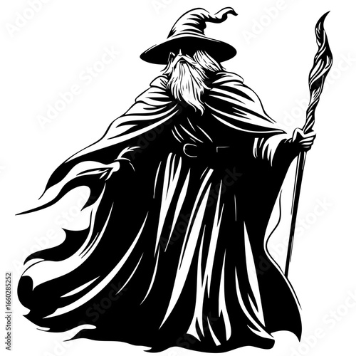 Mysterious wizard with long beard, pointed hat, and staff, dressed in flowing robes, exuding powerful magic and wisdom