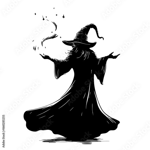 Mystical figure of a sorcerer casting spells in a swirling robe and pointed hat
