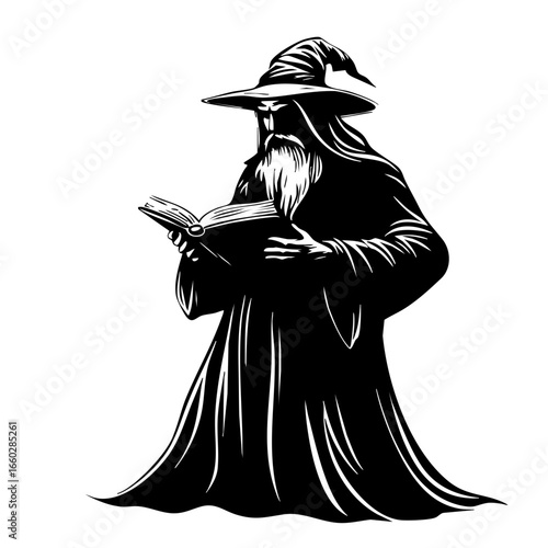 Mysterious sorcerer reading an ancient spell book while cloaked in dark robes under a moonlit sky