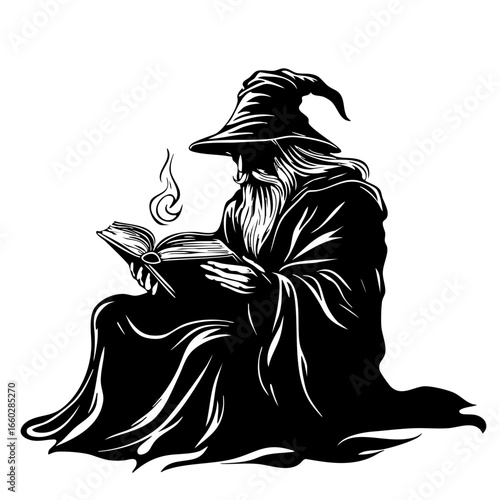 Elderly wizard reading an ancient spellbook while seated, surrounded by mystical symbols in a fantasy setting