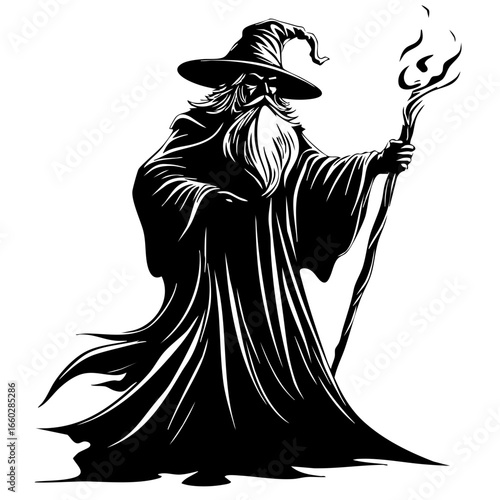 Mystical wizard character with flowing robe and staff conjuring magic in a dark fantasy setting