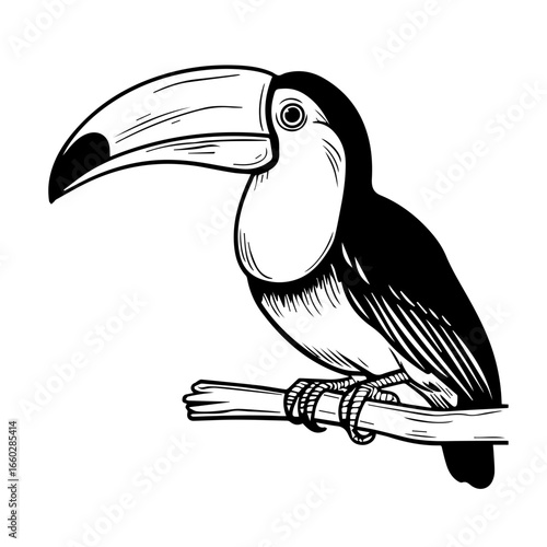 Detailed depiction of a toucan perched on a branch, showcasing its vibrant beak and distinctive features in a striking black vector design