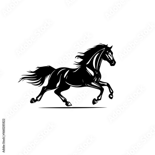 Black vector silhouette of a galloping horse in motion showcasing its powerful form and flowing mane